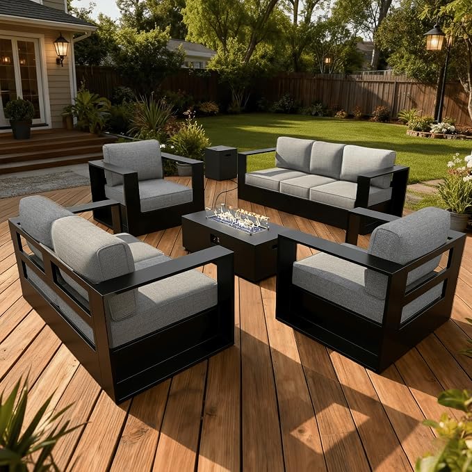 LayinSun Oversized Aluminum Outdoor Furniture Set, 5 Piece Patio Sofa Sets with Fire Pit Table, Deep Seating and Upgraded 6-inch Cushions for Porch, Balcony, Deck