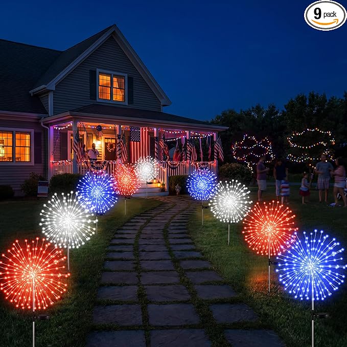 Tujoe 9 Pcs 4th of July Solar Firework Lights Patriotic Solar Light Outdoor Garden 120 LED 8 Modes Waterproof LED Sparkler Light for 250th Anniversary Patio Yard Pathway Walkway (Red,White,Blue)