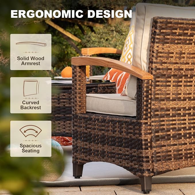 MEISSALIVVE 11 Piece Outdoor Patio Furniture Set, Half-Moon Curved Sectional Set with Wood Armrests, Patio Conversation Set for Porch,Deck,Balcony (Beige)
