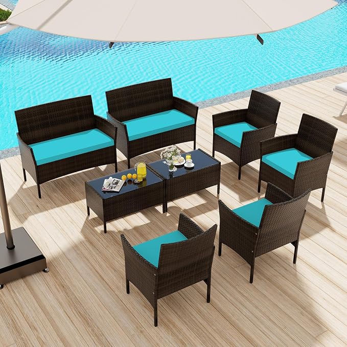 4 Piece Patio Furniture Set, Sectional Conversation Sofa Set with Glass Coffee Table, Cushions & Loveseat, Wicker Outdoor Table and Chairs for Pool, Garden, Deck, Backyard (2, Turquoise)
