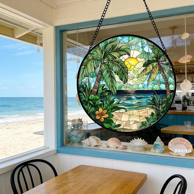 DASTOLL Stained Glass Window Hanging, Green Beach Scenery Suncatcher Diamond Glass Panel Hangings Sun Catchers Decor for Birthday for Women, Men, Wife, Aunt, and Mom 11.8x11.8 in