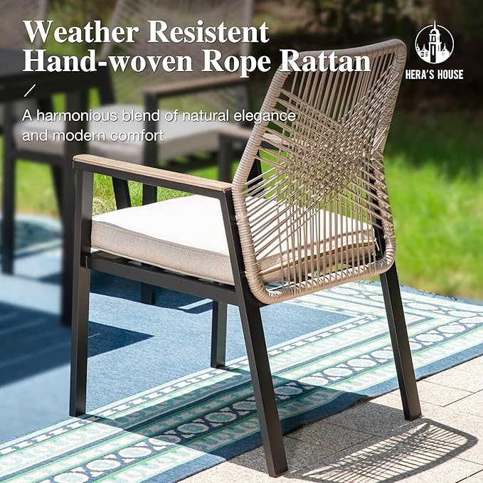HERA'S HOUSE 7pc Patio Dining Set, 59" Metal Table & 6 Rattan Chairs | Rectangular table with umbrella hole, cushioned chairs. Waterproof, rust-resistant, all-weather for backyard, porch.