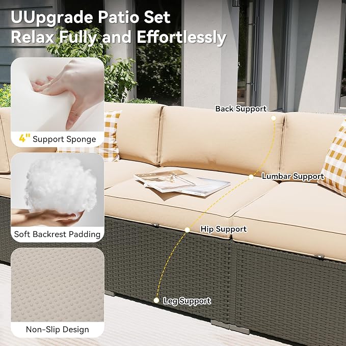 Aoxun Patio Furniture Set with Fire Pit Table, 8 Piece Outdoor Sectional Sofas, Wicker Rattan Outdoor Furniture with Thickened Cushion for Backyard, Garden Beige
