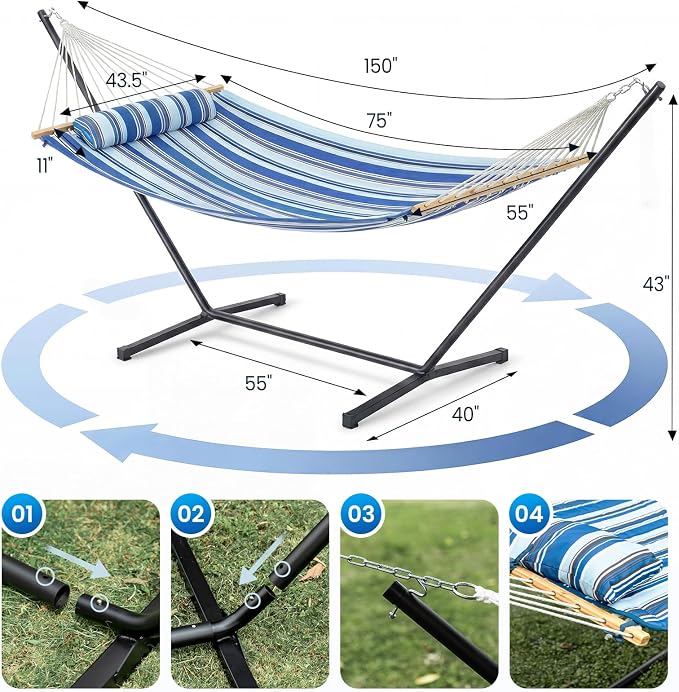 ANAGOO Double Hammock with Stand – Portable Cotton Rope Hammock with Removable Quilted Pad & Pillow, Adjustable Steel Frame for Patio, Backyard, Garden, Park, Camping & Outdoor Relaxation – Blue