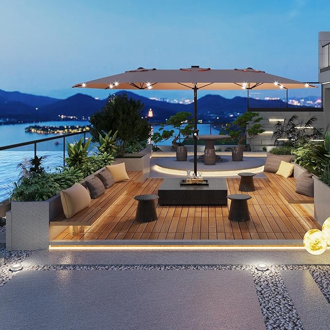 15FT Rectangular Patio Umbrella With Solar Lights & Base Included - Large Patio Umbrella With Crank Handle, UV Protection for Outdoor Market, Lawn, Backyard, Pool