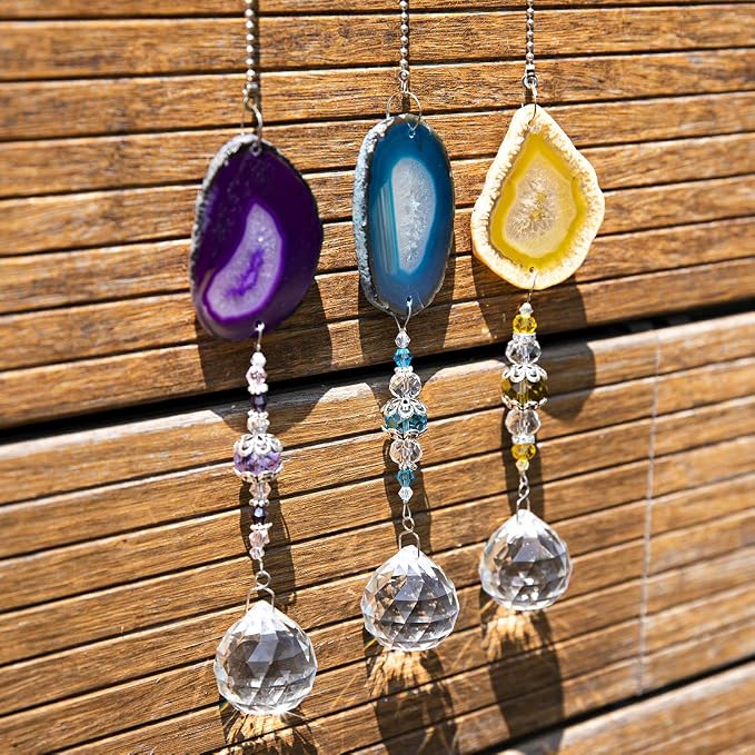 3 Pcs Crystal Ball Suncatcher with Agate Wind Chime Window Home Decor | Crystal Ball Suncatcher Wind Chime with Agate Slices Hanging Ornament Set of 3 for Window Garden Home Office Wedding Decor