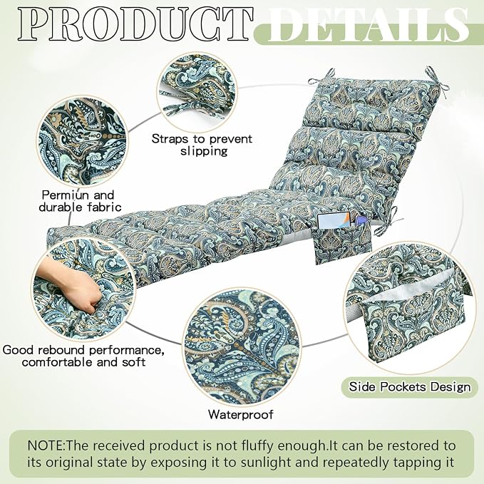 Kigley Outdoor Chaise Lounge Cushions with 3 Side Pocket 74.5 x 22 x 4.7 Inch Patio Chaise Lounge Cushion, Water-Repellent and Fade-Resistant Tufted Summer Replacement(2 Pcs,Cyan Paisley,Patterned)