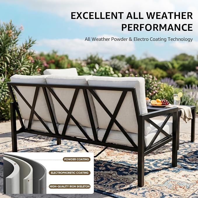 NATURAL EXPRESSIONS 4 Piece Metal Outdoor Patio Furniture Set, Patio Conversation Set with Extra Thick Cushion and Table, Black Frame Backyard Furniture (3 Seater with 2 Swivel Chairs Set)