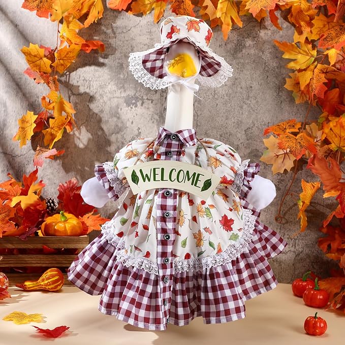 FuWeave Fall Porch Goose Outfit Maple Goose Costume Fancy Porch Geese Clothes with Wide Hat for 23" 17" Outdoor Patio