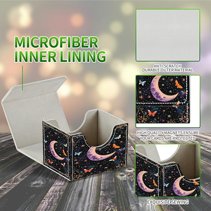 Card Deck Box for MTG, Cards Storage Box Fits 120+ Sleeved, Leather Small Size Strong Magnetic Closing Card Case for Board Games Magic TCG CCG Baseball Collection, Butterfly Dark Moon