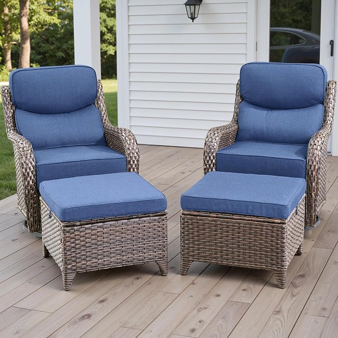 Rilyson Outdoor Patio Furniture Set - Weather Resistant Wicker,High Back,6 inch Cushions,4 Piece Patio Furniture Set with Swivel Rocker Chairs and Ottomans for Deck Porch Yard,Brown/Blue