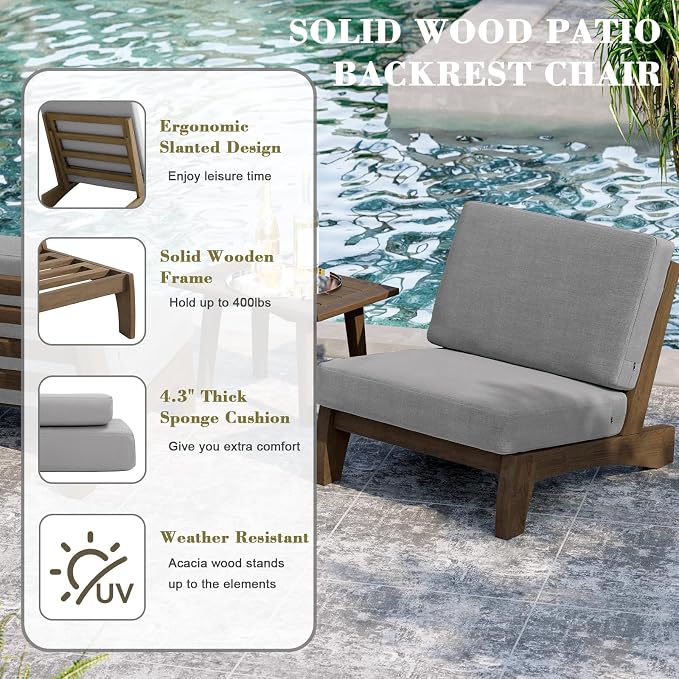 3 Piece Wood Patio Chair Outdoor Bistro Set, All Weather Outdoor Furniture Patio Sofa Chair Backyard Seating Group Conversation Sets with Wooden Side Table - Gray