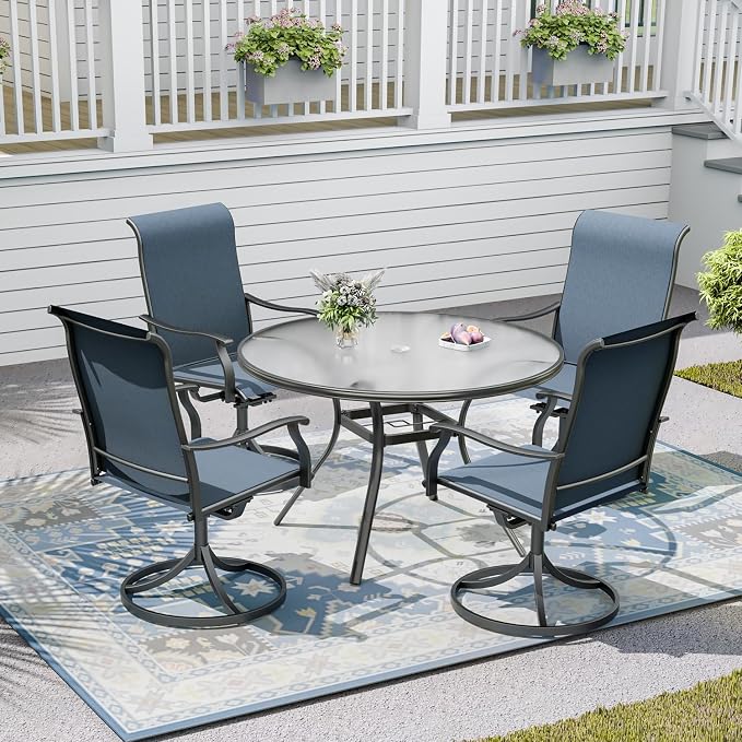 Outdoor Patio Set, 40"x 40"x 28" Round Glass Dining Table and 4pcs Swivel Chairs, All-Weather Patio Furniture Set with 1.7" Umbrella Hole for Garden Backyard Lawn Poolside