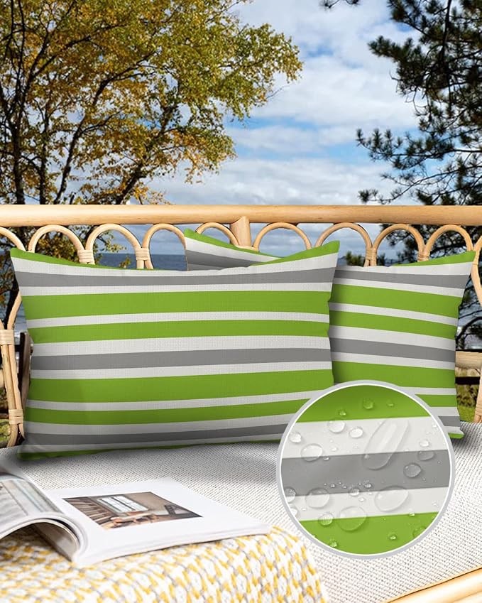 Outdoor Waterproof Pillow Covers for Patio Furniture Green Stripe Decorative Throw Pillow Cover Sage Green Lines Stripes Pillowcases Set of 2 Cushion Case for Sofa Couch Chair Home Decor 20 x 12 Inch