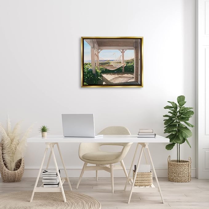'Tranquil Hammock Warm Sunlit Porch Rural'| Floating Frame Canvas Art | Stupell Industries | Gold, 31 x 25 Inches, Easy to Hang and Sturdy, Made in USA, by Tom Mielko