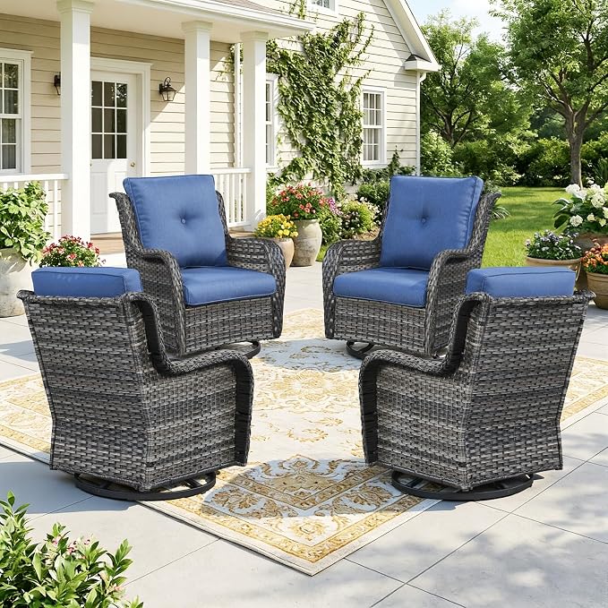 Wicker Patio Furniture Set- 4 Pieces Swivel Patio Chairs,PE Rattan Outdoor Rocking Chairs Porch Furniture for Garden Deck