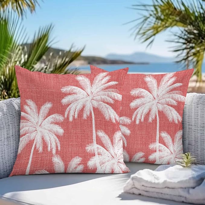 Outdoor Pillow Covers 24x24 Inch Set of 2, Coral Red Palm Trees Waterproof Throw Pillow Covers, Farmhouse Tropical Summer Beach Decorative Cushion Pillowcases for Couch, Sofa, Bed, Garden, Patio