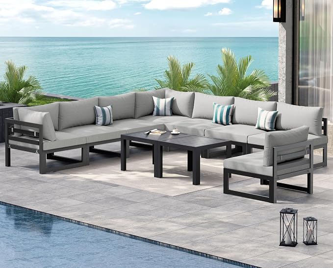 NICESOUL Oversized Modular Aluminum Outdoor Furniture Set, 29" Deep Wide Sectional Seating Set of 10, 500 lbs High Weight Capacity Water Resistant Patio Conversation Set for Garden Deck, Light Gray