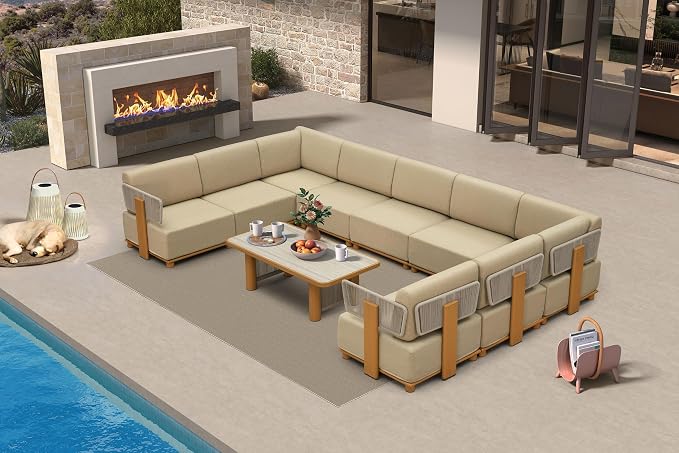 PURPLE LEAF Patio Furniture Set Modular U-Shaped Outdoor Sectional Sofa with 11" Thick Olefin Cushion 10-Piece Outdoor Conversation Set with White Lights & Table for Backyard Garden Poolside, Beige
