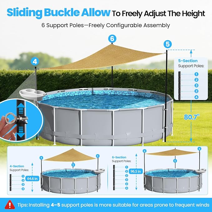Pool Shade Set for 11-16 Ft Above Ground Pools - UV-Resistant Shade Sail Triangular 10'x10'x10' with Storage Tray, Outdoor Sun Shade Canopy with Poles for Deck, Patio, Garden, Pool Accessories