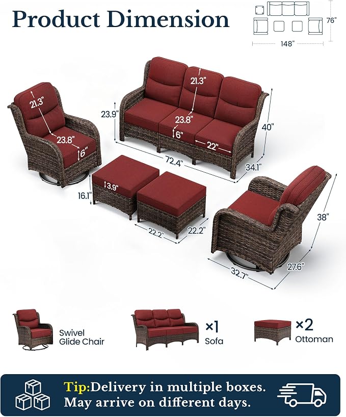 HILLGA Luxury High Back Patio Furniture Set with 6-Inch Thick Cushion, 5-Piece Outdoor Conversation Set with Sofa, Swivel Rocker Chairs & Ottomans, Ideal for Porch Pool Deck Yard (Burgundy)