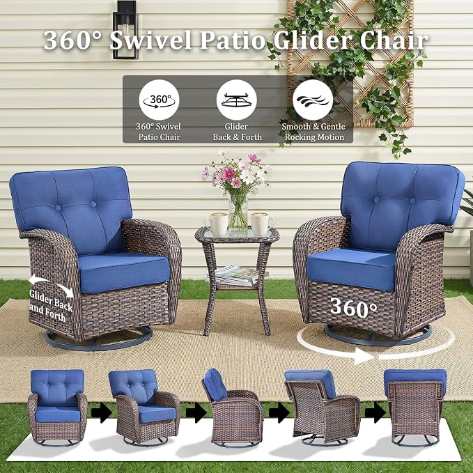 7 Piece Outdoor Patio Furniture Set with Fire Pit Table,Conversation Sectional Wicker Couch with Swivel Chairs,Modern Outside Sofa for Balcony Backyard, Brown/Blue