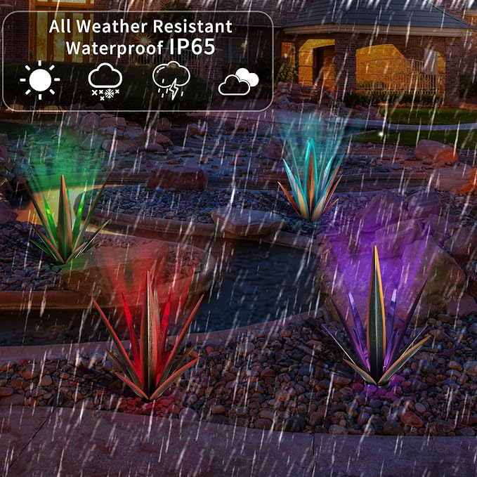 KODIBO 24" Large Metal Agave Plant Outdoor Decor with Solar Light, Rusty | IP65 Waterproof Solar Light, Weather-Resistant Metal, Hand-Painted Finish, Tequila Rustic Sculpture, Southwestern Style Decor