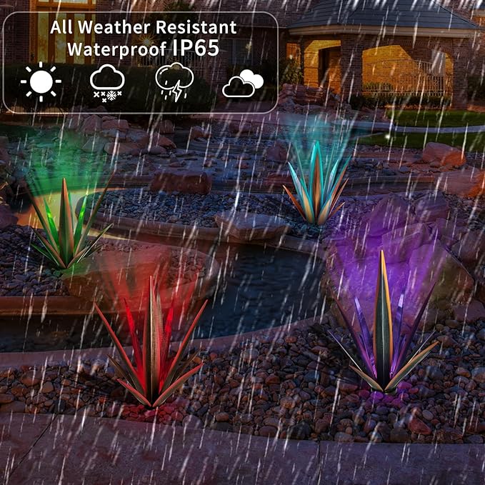 KODIBO 24" Large Metal Agave Plant Outdoor Decor with Solar Light, Red | Solar Garden Light, Outdoor-Resistant Metal, Tequila Rustic Sculpture, Mexican Style Garden Patio Decor, Housewarming Gift