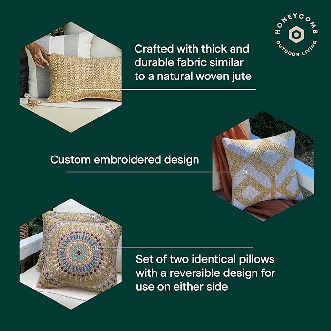 Honeycomb Outdoor Square Toss Pillows for Patio Furniture, 17 x 17, 2-Pack | Raffia Medallion Slate Throw Pillows, Water & Fade Resistant for Patio Furniture Set, 2-Pack