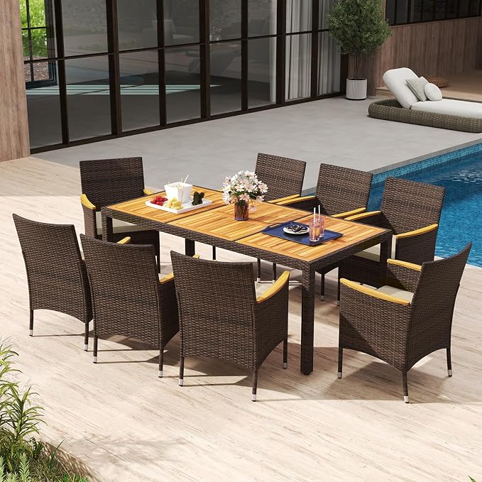 9 Pieces Patio Dining Set for 8, Outdoor Acacia Wood Table and PE Rattan Chairs with 2" Umbrella Hole, Cushions, Wicker Outdoor Dining Furniture Set for Backyard, Garden, Deck(Beige)