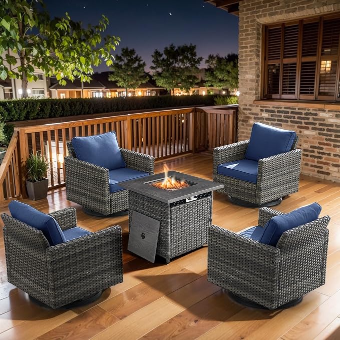 Belord 5 Pieces Wicker Patio Furniture Set: 4 Outdoor Swivel Glider Rocker Patio Conversation Set with 50000BTU Propane Fire Pit Table, All Weather Brown Rattan Anti-Rust Frame, Blue Cushion