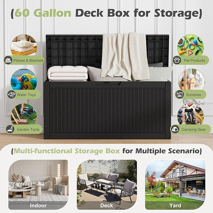 Outdoor Storage Box, 60 Gallon Resin Deck Boxes Outdoor Waterproof For Patio Furniture, Garden Tools, Pool Supplies, Lockable And UV Resistant (Rattan Black)