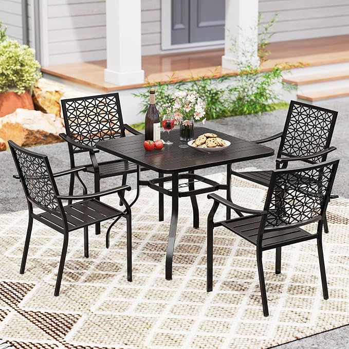 Tangkula 5 Pieces Metal Patio Dining Set, 37 Inches Square Dining Table with 4 Stackable Chairs, Slatted Table with Umbrella Hole, Outdoor Dining Furniture Set for Poolside, Deck, Backyard
