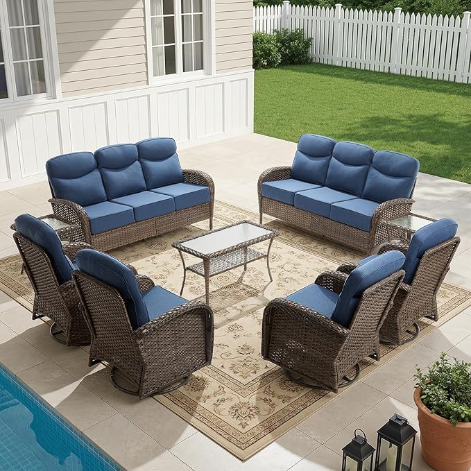 HUMMUH 9-Piece Patio Furniture Set with Upgraded 6" Thick Cushion - High Back Outdoor Swivel Rocker Chairs with 3-Seater Sofa Set of 2,Wicker Outdoor Conversation Set for Deck, Porch, Yard, Poolside