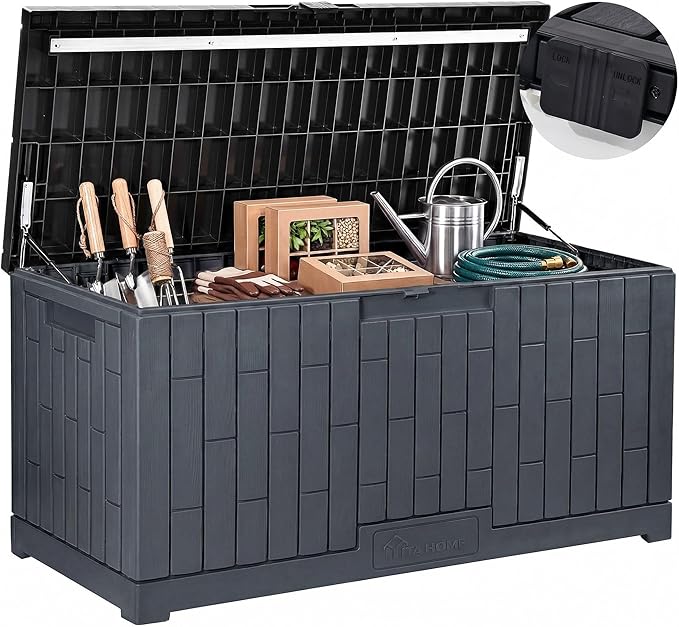 YITAHOME 120 Gallon Outdoor Storage Deck Box, Large Resin Patio Storage Box with Slide-Locking Lid, 53" L 2-Person Bench Seat for Outdoor Pillows, Garden Tools & Pool-Supplies, Waterproof (Dark Gray)