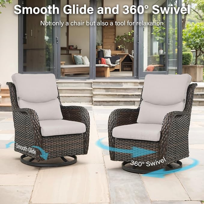 Outdoor Swivel Rocker Patio Chairs Set of 4 with Side Table - 5" Thick Cushion 6 Piece Furniture Set All Weather Comfortable Wicker Conversation Set for Porch Poolside and Deck - Brown/Beige