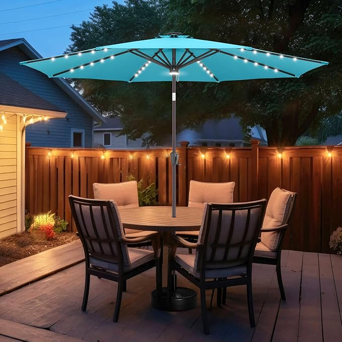 FLAME&SHADE 11 FT Solar Light Patio Umbrella, 40 LED lights outdoor umbrella with Centre Surround Light, Table Market Umbrella for Deck, Pool, Porch, Backyard, Garden, UV Protection, Aqua Blue