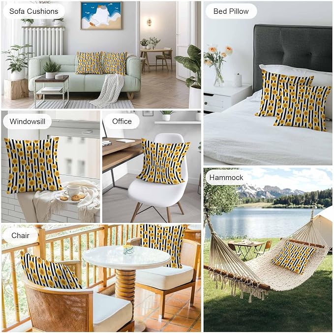 Vandarllin Outdoor Throw Pillows Covers 26x26 inch Set of 2 Waterproof Sunflower Decorative Zippered Cushion Covers for Patio Furniture, Summer Floral Black Stripes Lumbar Pillowcases