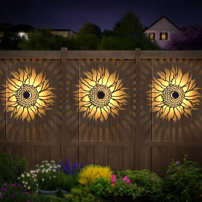 Hapjoy Solar Fence Lights 2 Pack Outdoor Deck Step Wall Lights Metal Waterproof LED Warm Yellow Light for Garden Post Patio Backyard Yard Decor (Sunflower, 2)