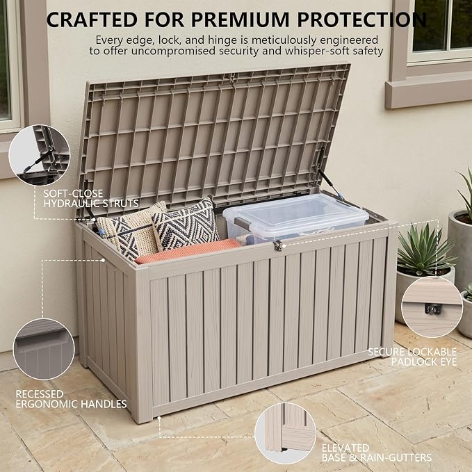 Outdoor Storage Box, 180 Gallon Waterproof Deck Box [Upgraded 3.0], Piston-Lift Tall Standing Cabinet for Oversized Cushions, Lockable Deep Tool Organizer Storage Bench, Large Lawn, Grey