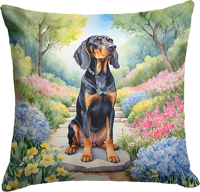 Caroline's Treasures Black and Tan Coonhound Spring Path Throw Pillow Machine Washable, Indoor Outdoor Decorative Pillow for Couch, Bed or Patio, 14Hx14W