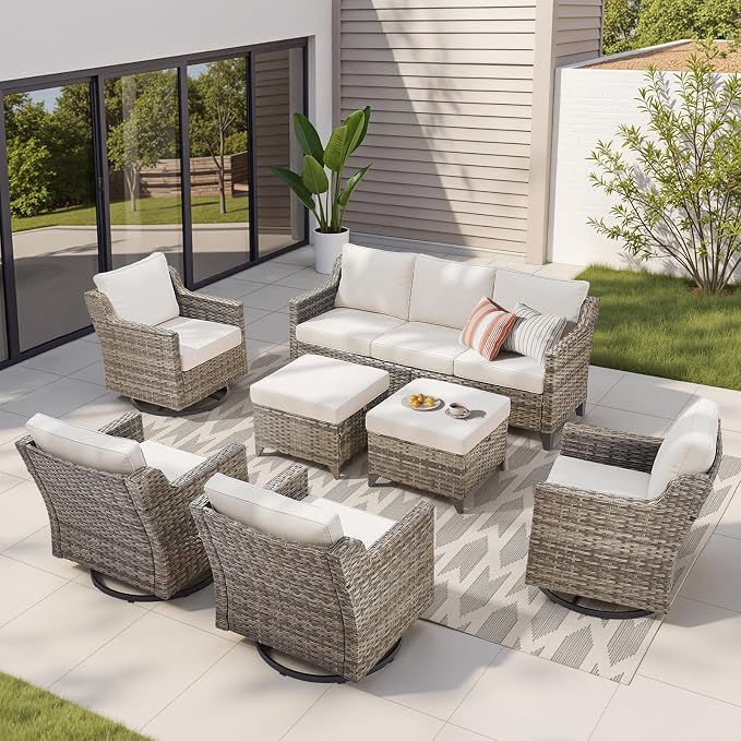 Outdoor Patio Furniture Set-7 Pieces All-Weather Wicker Outdoor Furniture with Swivel Patio Chairs Outdoor Patio Conversation Sets for Garden Porch Deck Grey/Beige