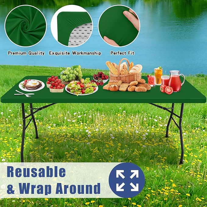 Moosfor Spandex 4 Foot Rectangle Table Cloth 2 Pack, Elastic Fitted Tablecloths for Picnic, Stretch Washable Patio Table Cover for Outdoor, Camping, Banquet and Parties (Emerald Green, 30"x48")