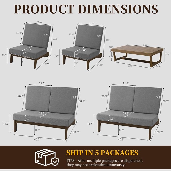 5 Pieces All Weather Wood Patio Furniture Sets, 2 Patio Loveseat, 2 Patio Bistro Chair, Outdoor Sectional Sofa Furniture Backyard Conversation Set with Coffee Table - Grey