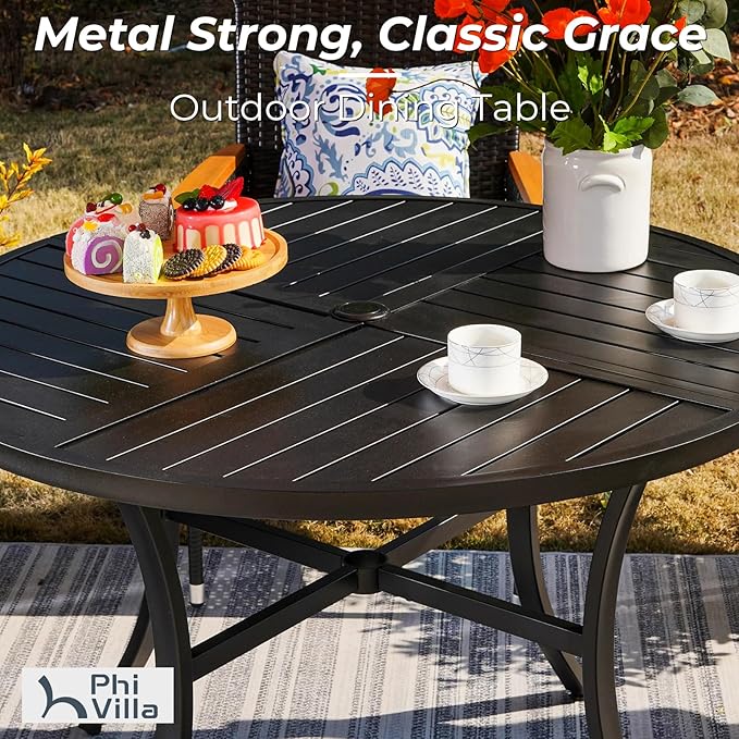 PHI VILLA 5 Piece Outdoor Round Dining Table Set for 4, 42” Metal Dining Table with Umbrella Hole & 4 Cushioned Wicker Chairs for Patio, Deck, Yard, Porch