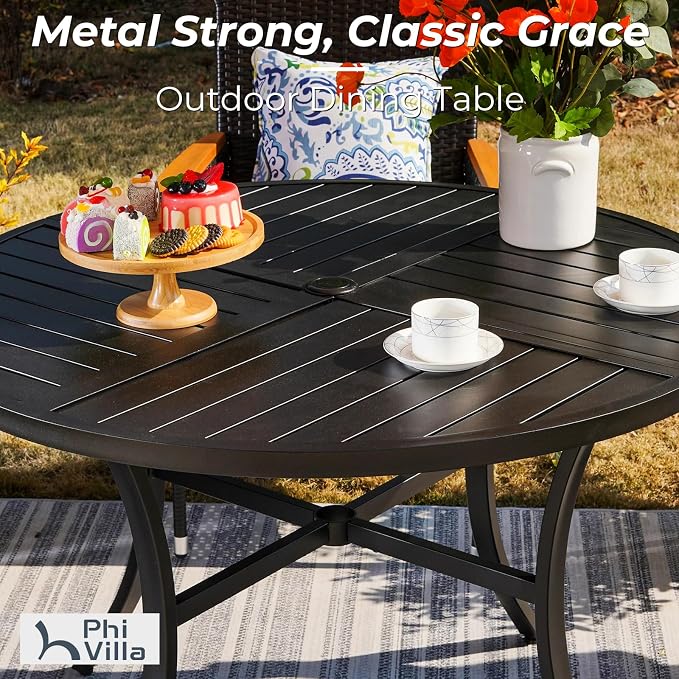 PHI VILLA 5 Pcs Patio Dining Set, 42" Round Steel Table w/Umbrella Hole | Round metal table w/ 1.57" umbrella hole&4 Black Stacking Metal Chairs for Patio, Deck, Yard, Porch