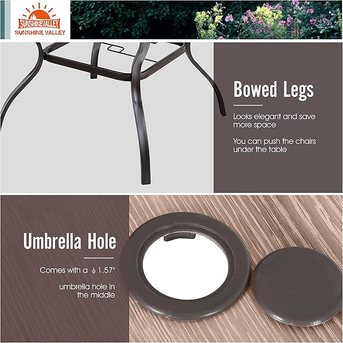 SUNSHINE VALLEY 5 Piece Patio Dining Set for 4, 37”x37” Square Table (PVC Wood-Like Table Top) with 1.57" Umbrella Hole, 4 Metal Brown Chairs, Outdoor Table and Chairs Set for Lawn Backyard and Deck