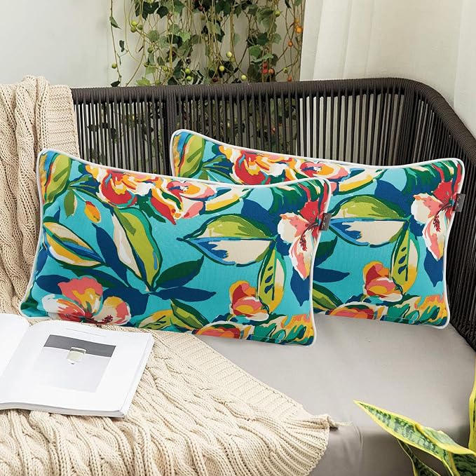 Outdoor Lumbar Pillow with Insert 12x20 Inch Pack of 2-Rosario Flower Leaf | Outdoor Pillows for Patio Furniture, Water-Repellent, Decorative Garden Pillows for Home Patio Coach Sofa Use