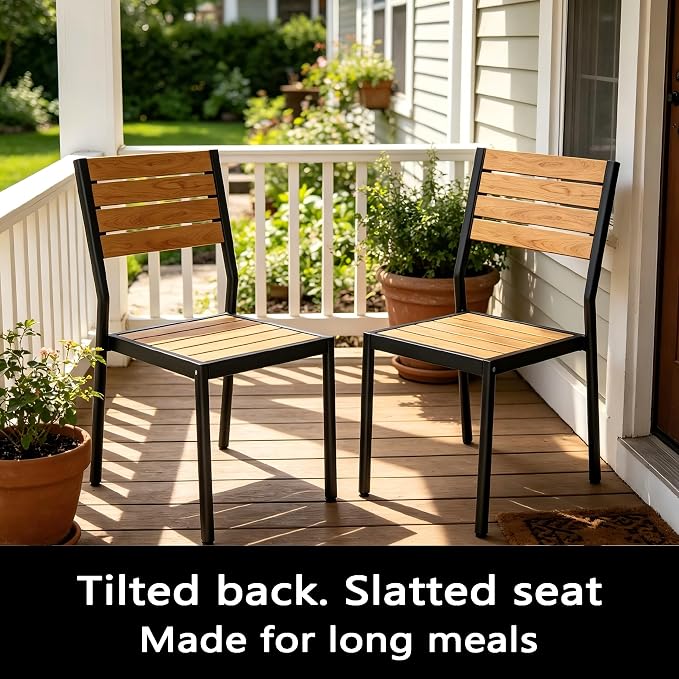 7-Piece Outdoor Dining Set for 6 Person with Teak Wood-Grain Top | Armless Stackable Chairs with 19.4" Seat Depth, Aluminum Frame Dining Furniture with Umbrella Hole for Deck, Porch & Backyard
