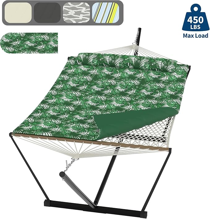 Double Hammock with Stand, Curved Bar Design, 2 Person Large Hammock with 450LBS Capacity, Indoor & Outdoor Hammock with Stand for Backyard, Patio, Garden, Beach & Camping-Light blue and green stripes